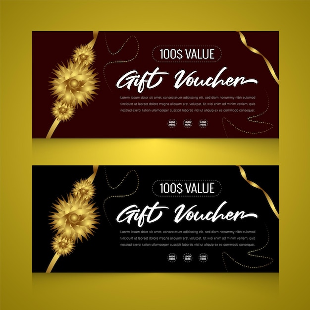 Golden gift voucher with golden ribbon template set design