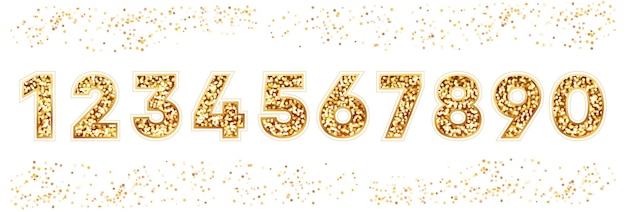 Golden glitter numbers Realistic shining font of numbers with stroke and sparkle Gold decoration