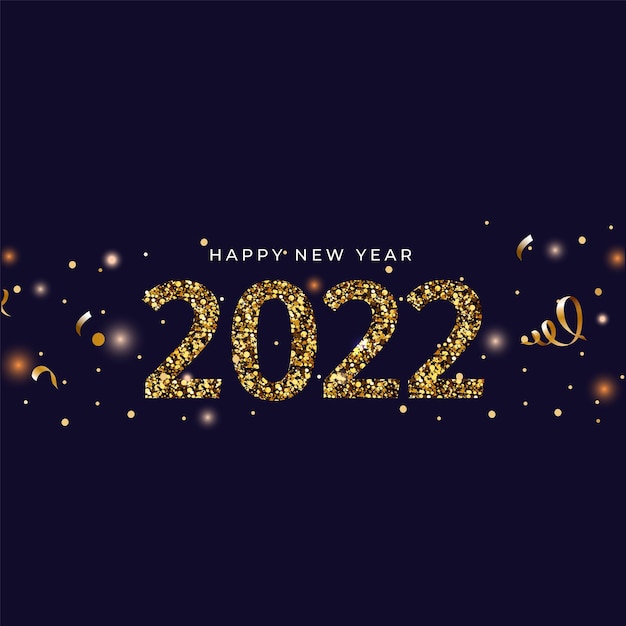 Golden Glittering 2022 Number With Curl Ribbons, Light Effect On Blue Background.