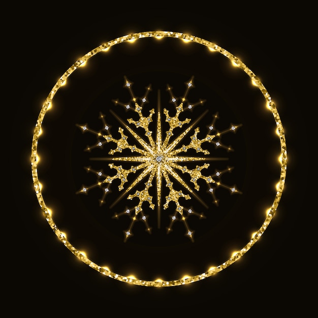 Vector golden glittering snowflake in shiny ring