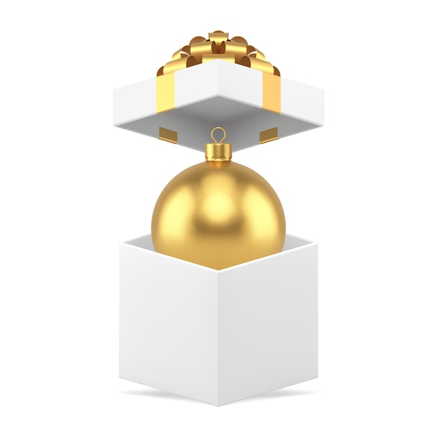 Golden glossy Christmas ball toy in open gift box squared white container realistic 3d icon vector