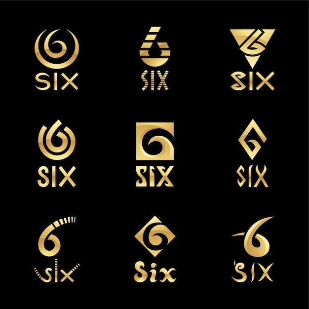 Vector golden glossy number 6 icons on a black background