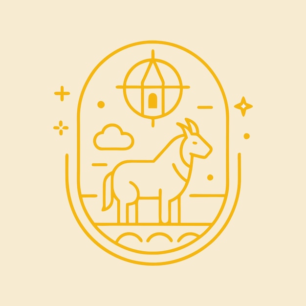 Vector golden goat standing under a moon with a house