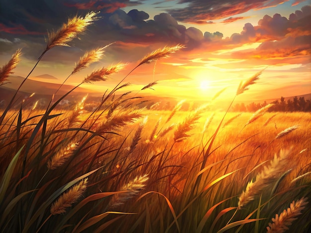 Vector golden grass field at sunset