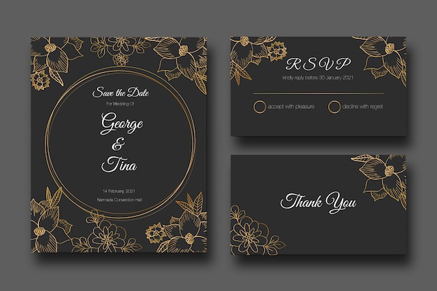 Golden hand drawn floral premium wedding stationery template