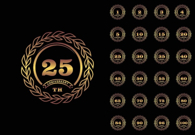 Golden happy anniversary premium badge logotype set