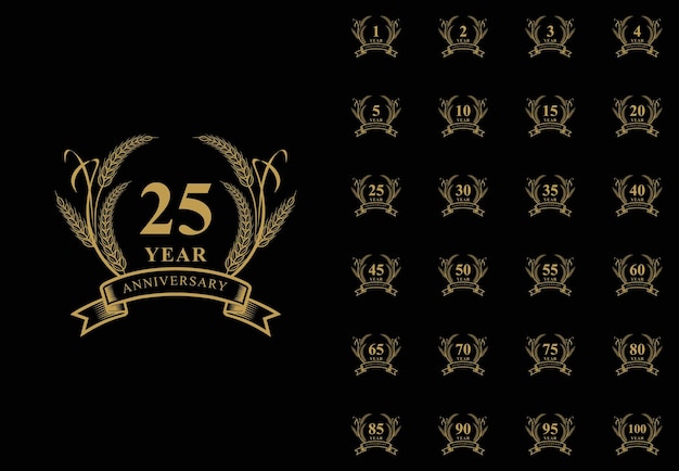 Golden happy anniversary premium badge logotype set