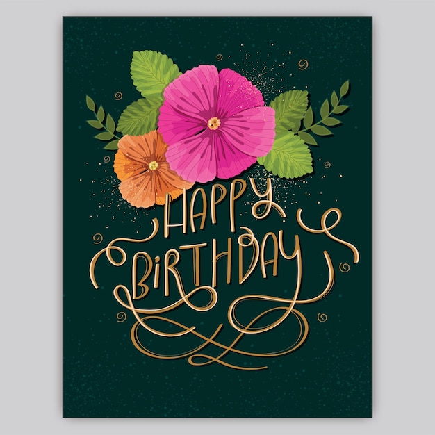 Golden Happy Birthday Font With Flowers Leaves Decorated On Teal Green Background