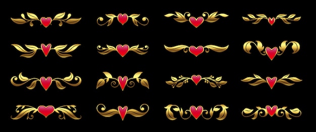 Golden heart and ornate floral element set