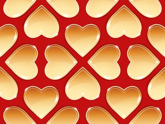 Golden Hearts on Red Seamless Pattern