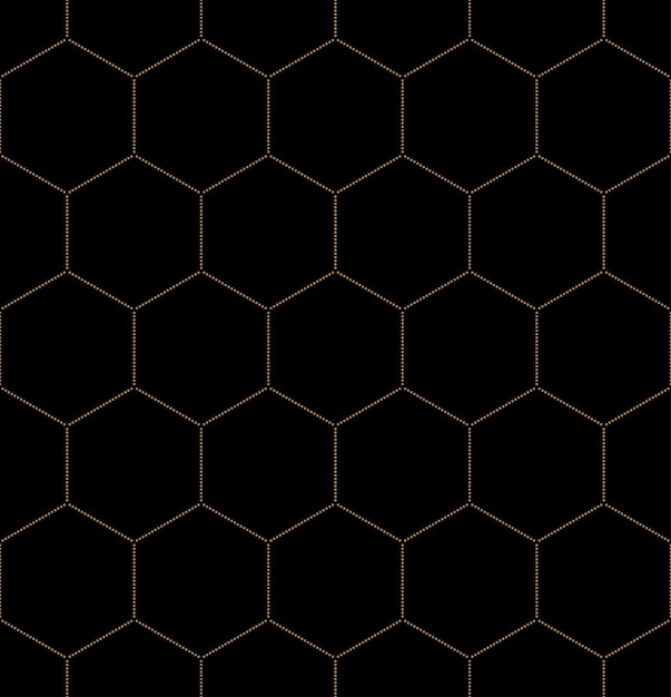 Golden honeycomb seamless pattern graphic with dots over black background