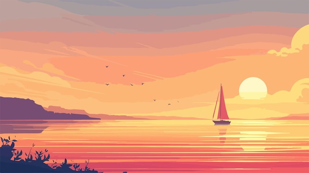 Vector golden hour sunset casting warm hues over a tranquil landscape