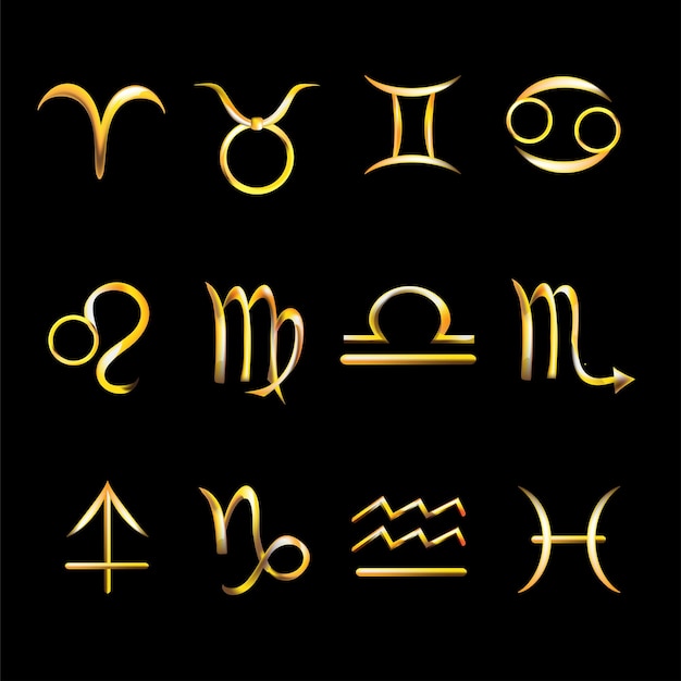 Golden icon zodiac signs. Horoscope. Aries, Taurus, Gemini, Cancer, Leo, Virgo, Libra, Scorpio, Sagittarius, Capricorn, Aquarius, Pisces. Thick line icon isolated on dark background