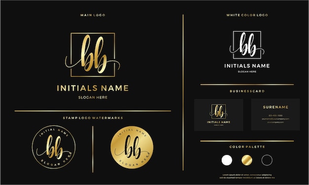 Golden Initial BB letter B handwriting logo design line square