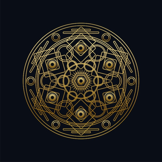 Golden ink geometric mandala linear vector illustration. Ethnic oriental symbol isolated on black