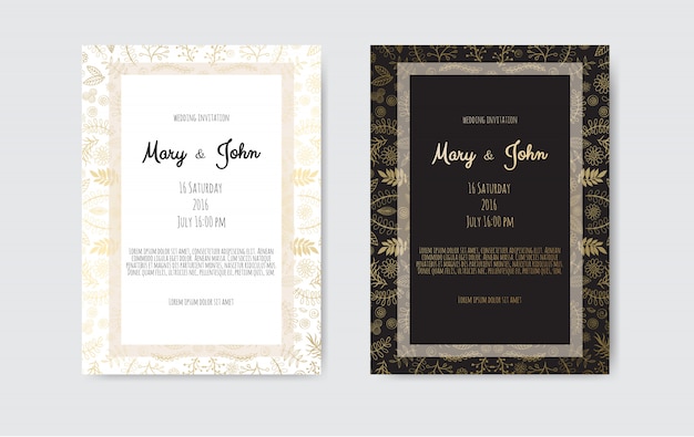 Golden invitation with floral elements.