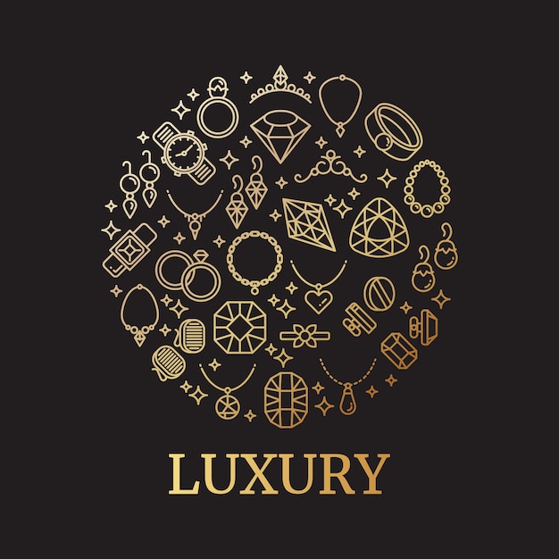 Golden jewelry and gemstones line vector icons