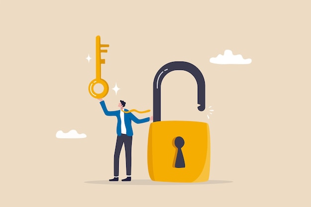 Golden key to unlock solve business problem professional to give solutions success business key or unlock business accessibility concept smart businessman holding golden key to unlock the pad