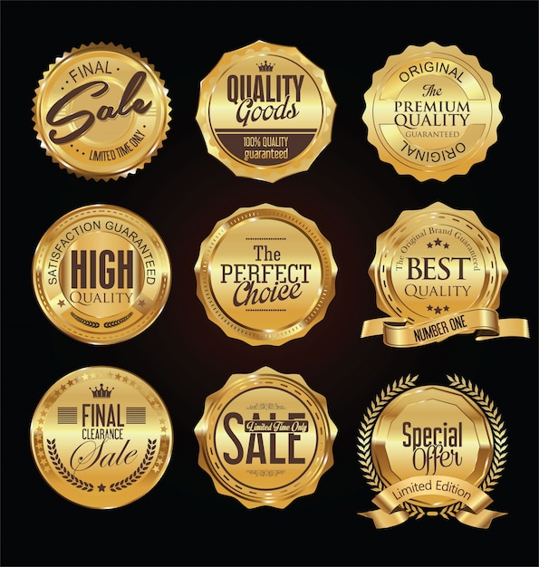 Golden labels and badges vector illustration collection