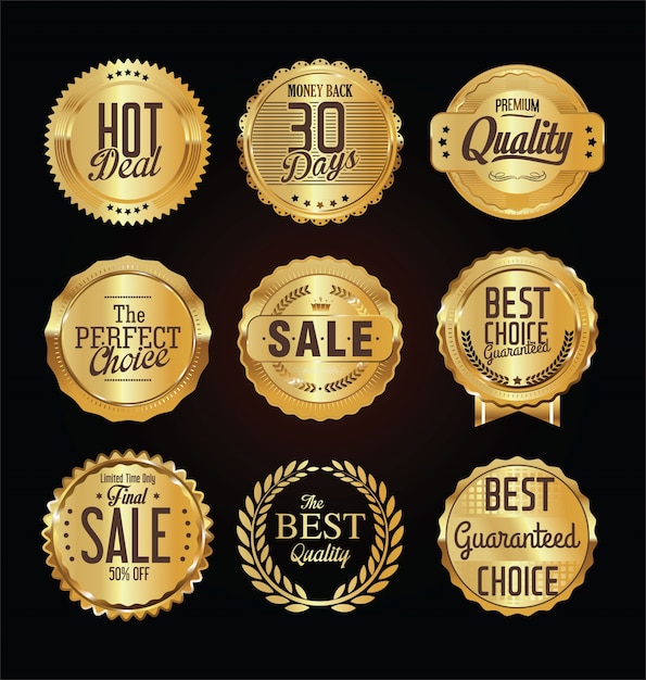 Golden labels and badges vector illustration collection