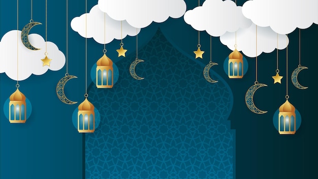 Golden lantern arabic dark blue Islamic design background Universal ramadan kareem banner background with lantern moon islamic pattern mosque and abstract luxury islamic elements