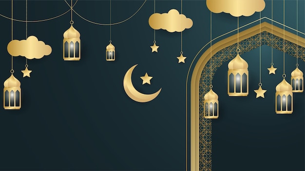 Golden lantern arabic dark blue Islamic design background Universal ramadan kareem banner background with lantern moon islamic pattern mosque and abstract luxury islamic elements