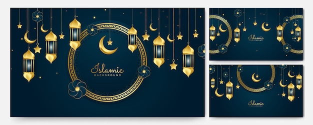 Golden lantern arabic dark blue Islamic design background