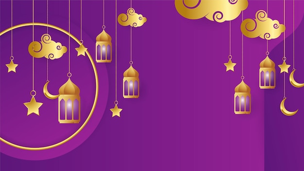 Golden lantern arabic purple Islamic design background Universal ramadan kareem banner background with lantern moon islamic pattern mosque and abstract luxury islamic elements