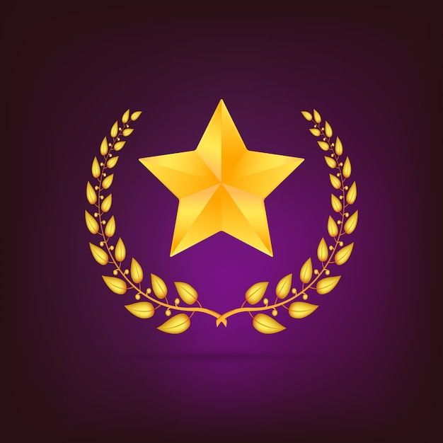 Golden laurel wreath with star. Detailed  on colored background.