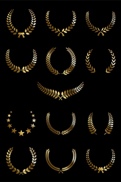 Golden laurel wreaths isolated on black background.