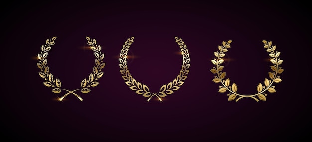 Golden laurel wreaths realistic vector illustration set