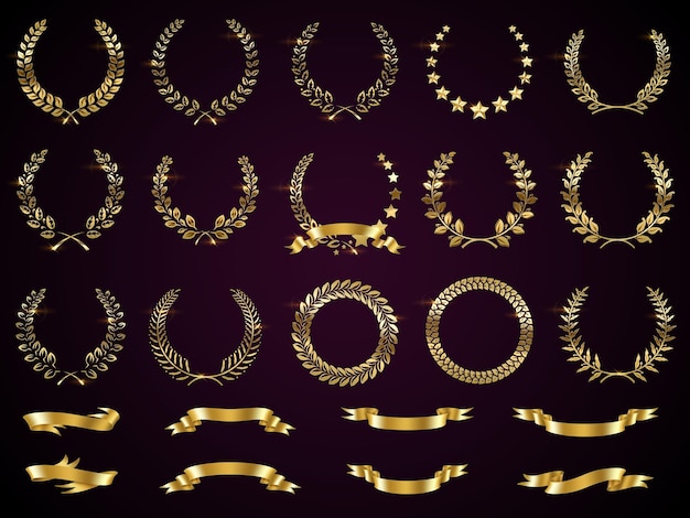 Golden laurel wreaths with ribbons vector illustration set