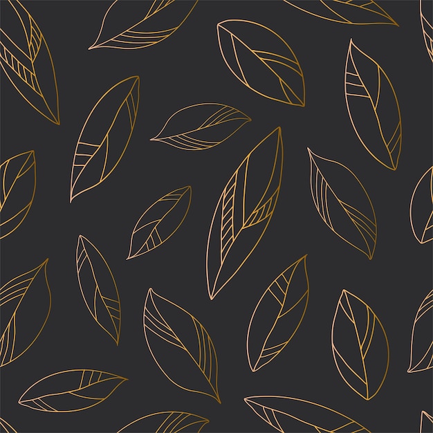 Golden leaves on dark background seamless pattern vector botanical illustration. Floral background.