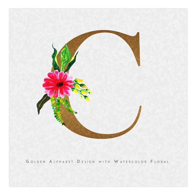 Vector golden letter c watercolor floral background