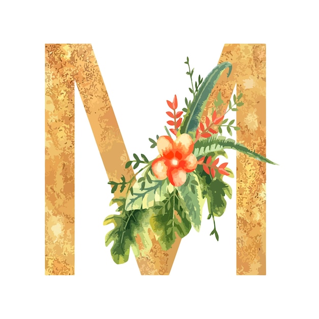 Golden letter m of the english alphabet with a watercolor bouquet of tropical leaves and flowers han