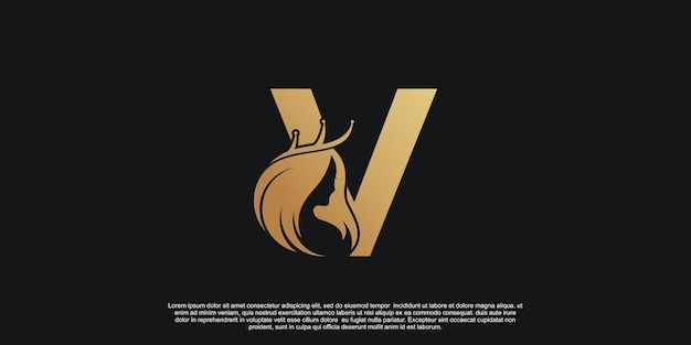 Golden letter V with unique feather combination logo design Premium Vector