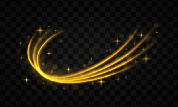 Golden line with light effect. Dynamic golden waves with small parts on transparent background. Yellow dust. Bokeh effect. Dust of yellow sparks and stars shine with special light.  