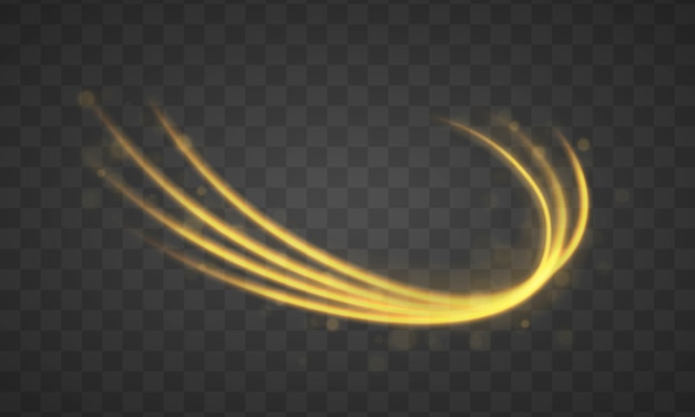 Golden line with light effect. Dynamic golden waves with small parts on transparent background. Yellow dust. Bokeh effect. Dust of yellow sparks, stars shine with a special light. 