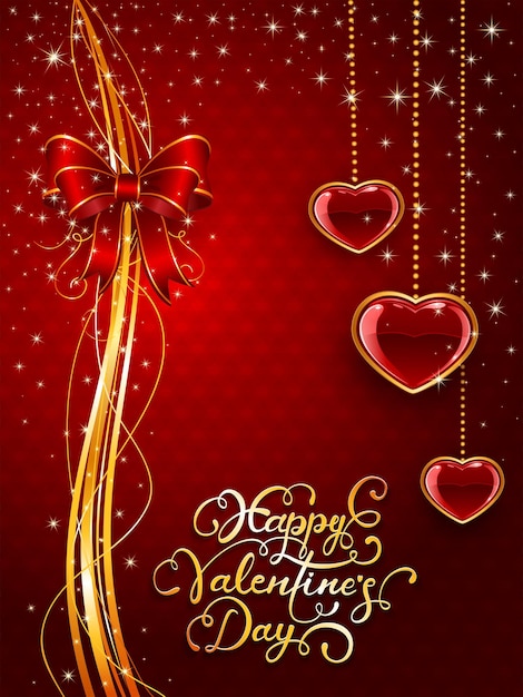 Golden lines on Valentines background with red hearts, stars and bow. Holiday lettering Happy Valentines Day, illustration.