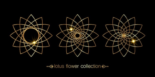 Golden Lotus flower set collection, floral mandala, stylized circular ornament line art logos