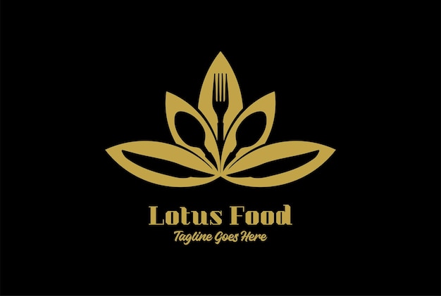 Golden Lotus with Spoon Fork Knife for Nature Health Food Logo Design