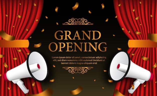 Golden luxury confetti for grand opening poster banner template with double megaphone and red curtain.