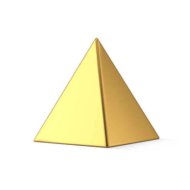 Golden luxury polygonal geometric figure metallic glossy isometric triangle pyramid with shadow