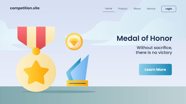 Golden medal, diamond as medal of honor with tagline without sacrifice there is no victory for website template landing homepage vector illustration