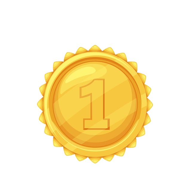 Golden medal. First place winner, trophy, sport award. Isolated vector icon of golden medal first place cartoon style.