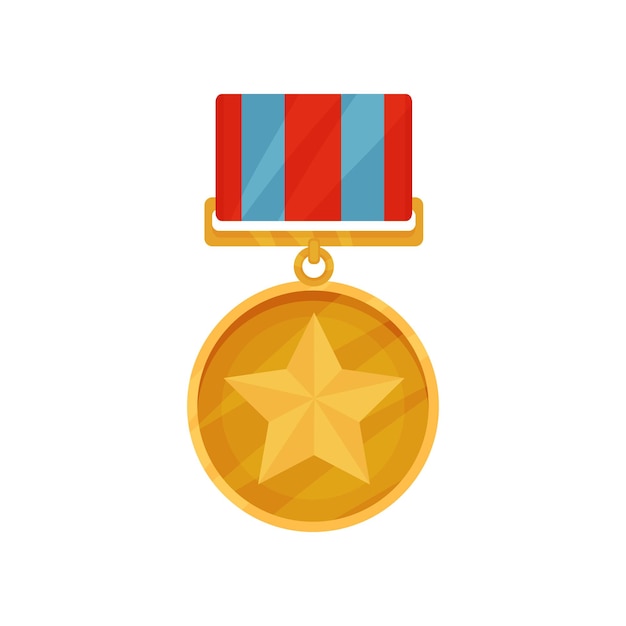 Golden medal in round shape with star in center and redblue ribbon Shiny award for courage Army reward Symbol of victory Colorful vector illustration in flat style isolated on white background