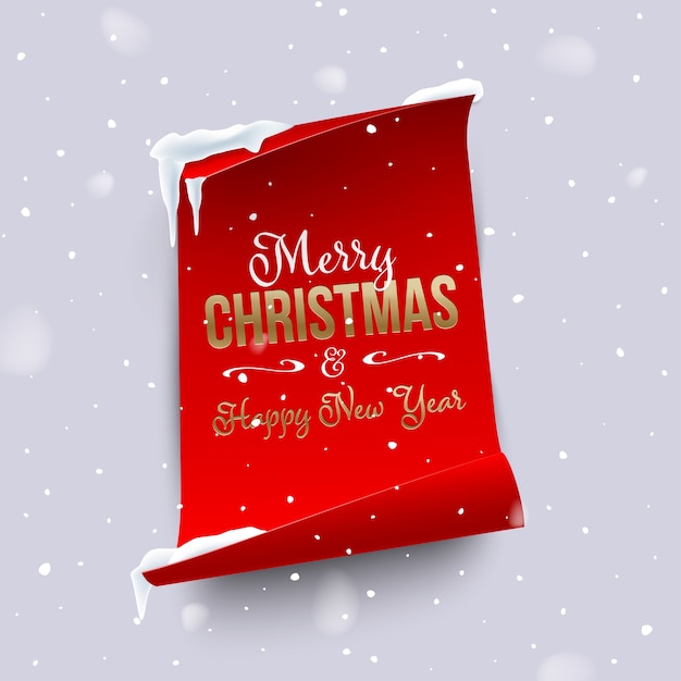 Golden Merry Christmas and Happy New Year text on vertical red paper with curved edges  in snow.