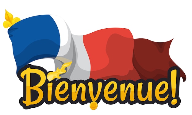 Vector golden message welcoming in french for paris games with french flag fleur de lis torch and medal