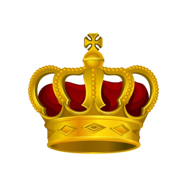 Golden monarch crown with red velvet and cross on top Precious head accessory of king or queen Bright vector design