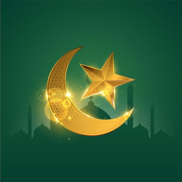 golden moon and star with Muslim church silhouette